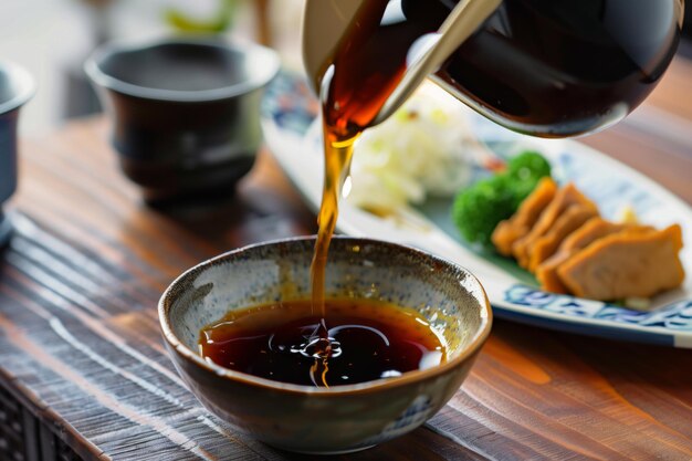 Photo soy sauce being poured into a small dish