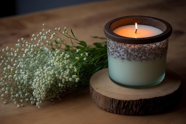 Soy wax candle and gypsophila sprig Scented candles in a pot on a wooden stand