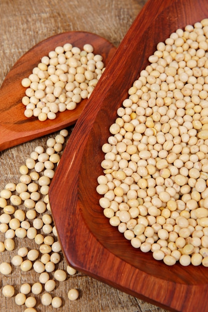 Soya beans closeup on wooden platter