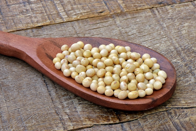 Soya beans closeup on wooden spoon