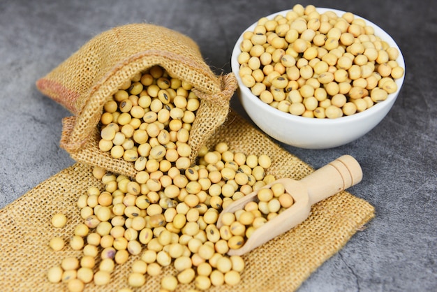 Soybean agricultural products on the sack  dry soy beans