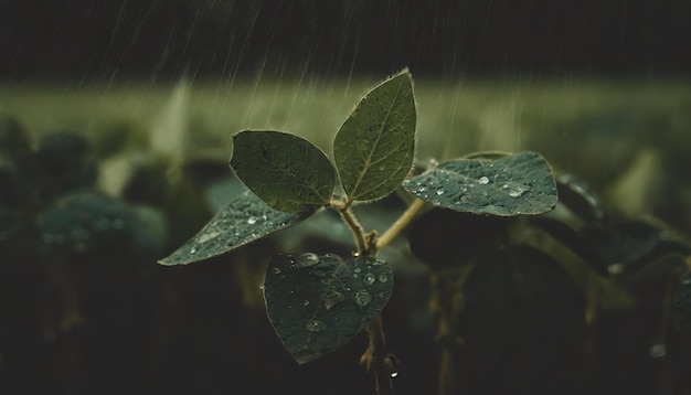 Soybean crops in heavy summer rain shower