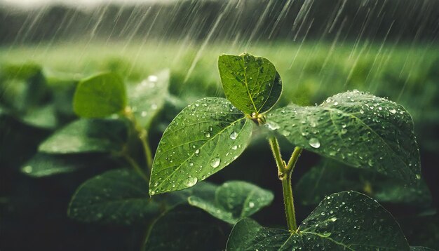 Photo soybean crops in heavy summer rain shower