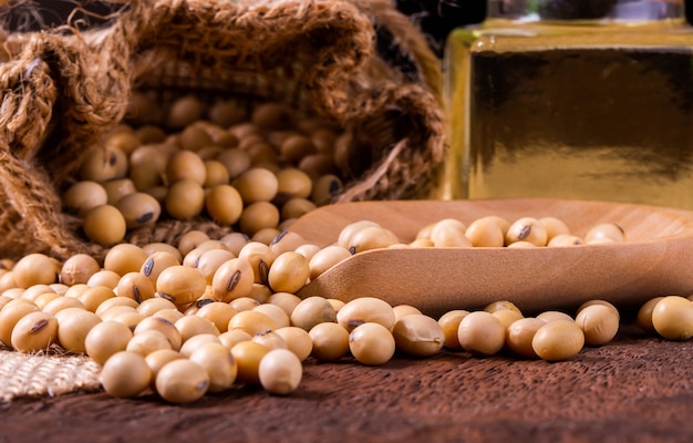 Soybean oil on a wooden surface. rustic style