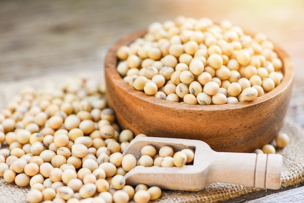 Soybean in a wooden bowl agricultural products on the sack - dry soy beans