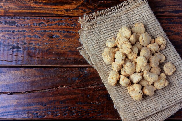 Soybeans meat, chunks on rustic fabric towel