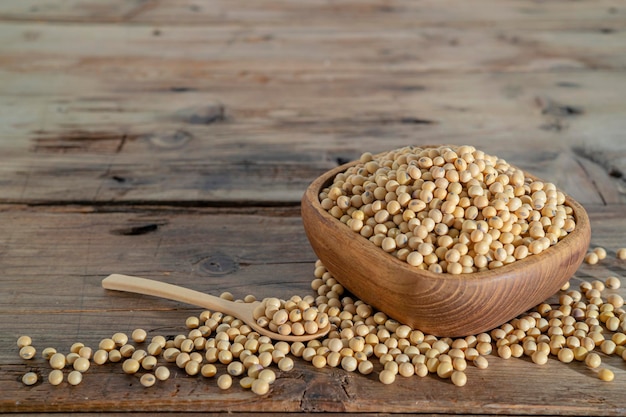 Soybeans with wooden spoon with wooden