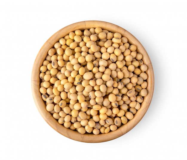 Soybeans in wood bowl isolate