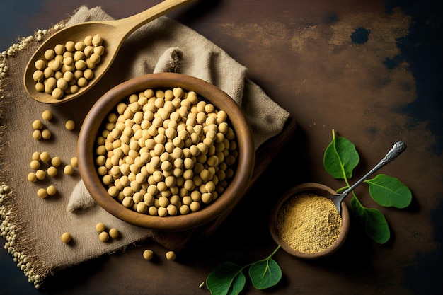 Soybeans in wooden bowl and scoop set against a wooden table