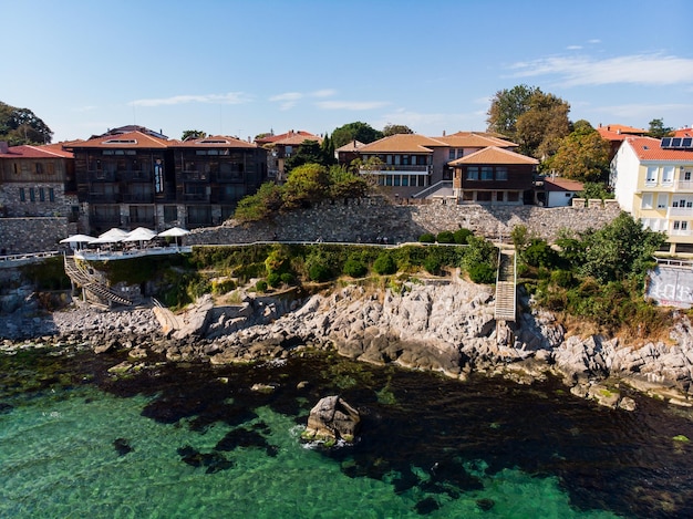 Sozopol Bulgaria Aerial view of medieval city and Black Sea Drone view from above Summer holidays destination