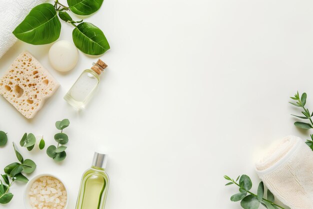 Spa accessoires spons zeep essentiële oliën en groene planten op een witte achtergrond