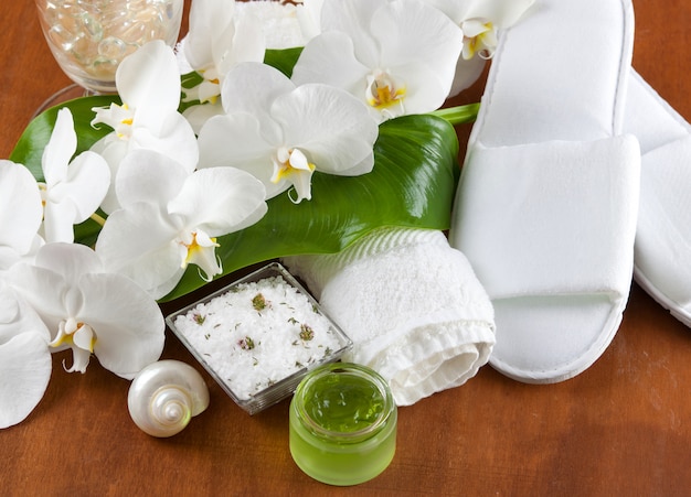 Spa accessories on wooden table