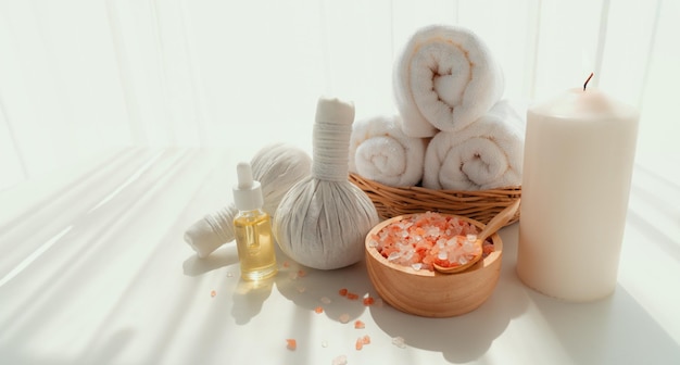Spa accessory composition set in day spa hotel beauty wellness center