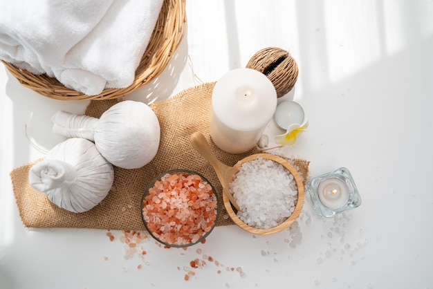 Photo spa accessory composition set in day spa hotel beauty wellness center