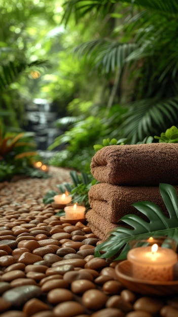 Spa achtergrond met handdoeken en kaarsen in tropische omgeving