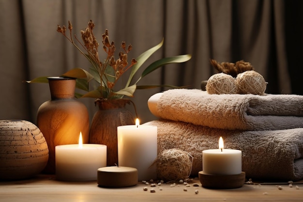 Spa Ambiance Candles and Towels Composition Generative Ai