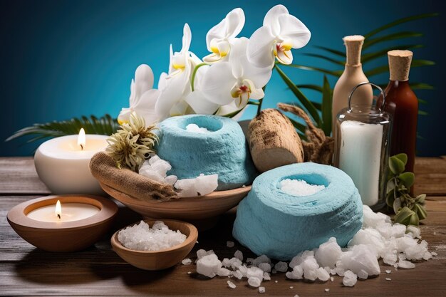 Spa ambiance enhanced by elements of beauty and fashion featuring a combination of Dead Sea salt c