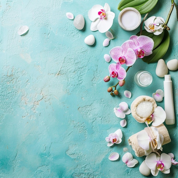 Foto spa ambiance flat lay met orchideeën op turquoise achtergrond