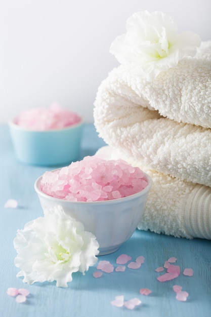 Spa aromatherapy set with azalea flowers and herbal salt