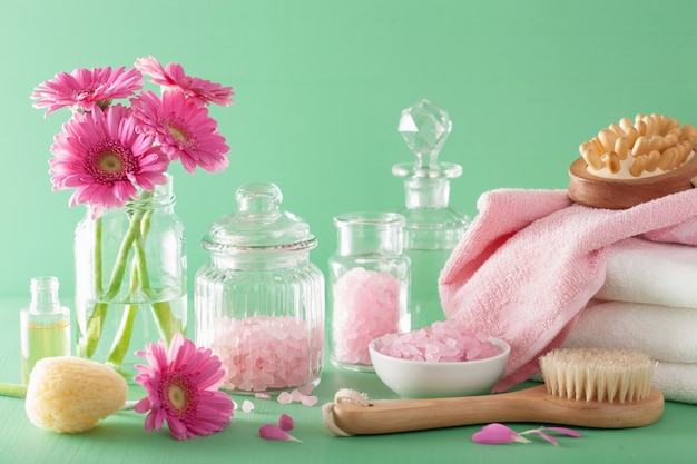 Spa aromatherapy with gerbera flowers essential oil brush