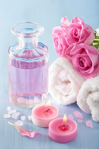 Spa aromatherapy with rose flowers perfume and herbal salt