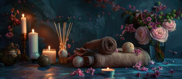 Spa arrangement featuring massage balls candles and flowers against a dark backdrop