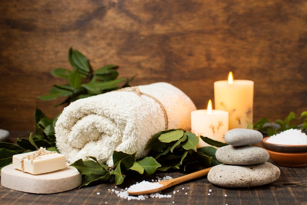 Photo spa arrangement with towel, soap and salt