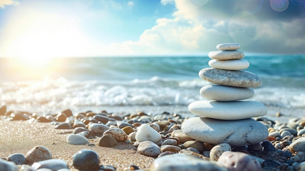 사진 스파 배경 개념: 푸른 하늘과 해변에 있는 젠 돌