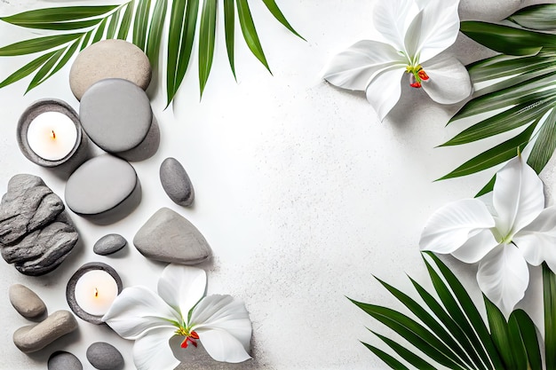 Spa background relaxation composition stones and white flower on a light blue background Generative AI Generative AI