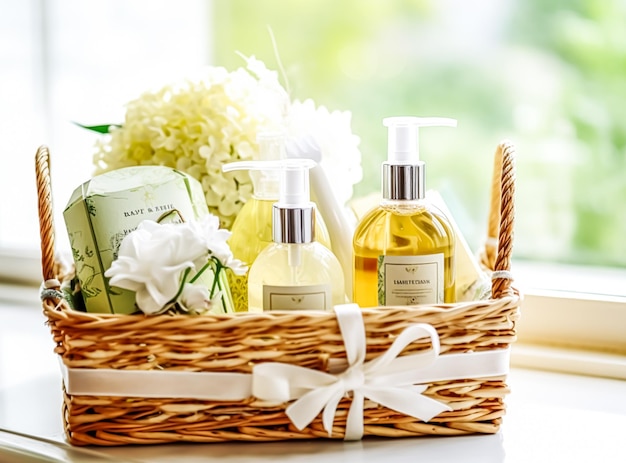 Spa and bath products in a gift basket packaged in an elegant country style Generative AI