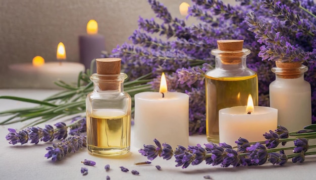 Spa beauty background with glass bottles of essential oils candles and lavender on wooden table