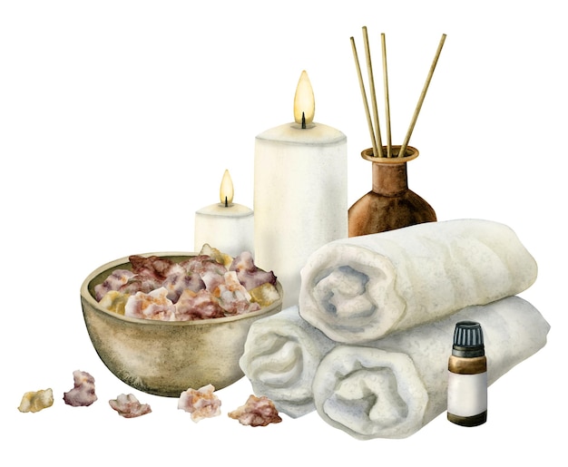 Spa beauty badaccessoires Aroma sticks fles geurende olie handdoeken roze zout Waterverf wellness