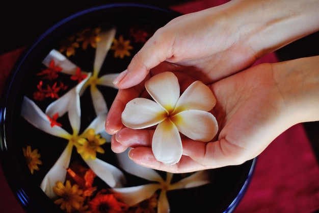 スパと美しさの女性の手と水の中の花