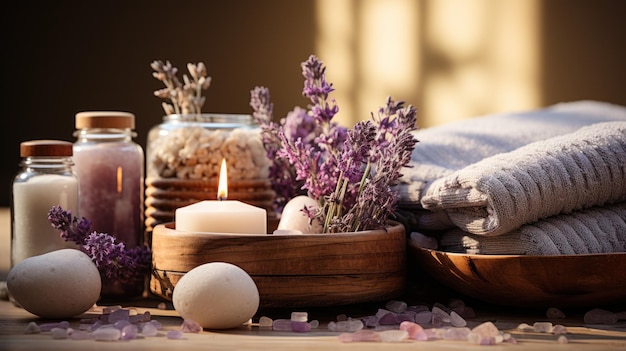 Photo spa beauty services setting with lavender seasalt candles and towels