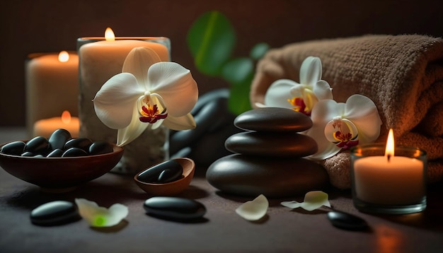 Spa, beauty treatment, and wellness background with massage stone and burning candles.