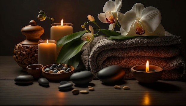 Photo spa, beauty treatment and wellness background with massage stone, orchid flowers, towels and burning