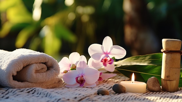 Foto trattamento di bellezza spa e sfondo benessere con massaggio pietra fiori di orchidea asciugamani e bruciore