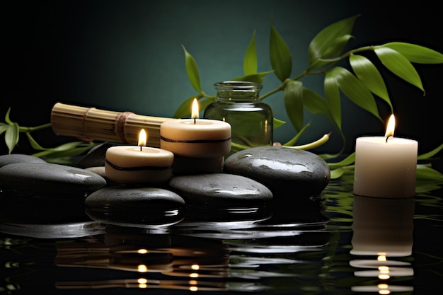 Фото Спа-свеча и камень с бамбуком в природе на воде