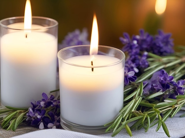 Spa candles and rosemary leaves decorated in spa styleGenerative AI