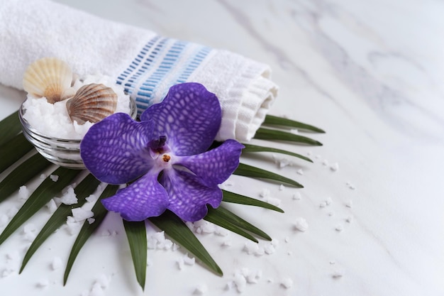 Spa composition Purple orchid flower glass small bowl full of bath salt and two sea shells towel