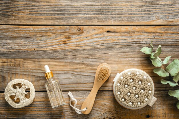 Spa composition in a rustic style with items for body care top view