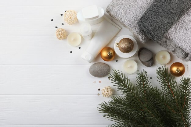 Spa composition on the table and christmas accessories skin care