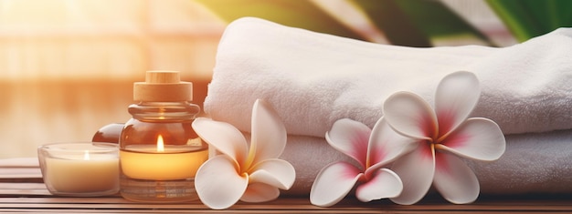 Spa composition Towels plumeria flowers and a jar of butterAIGenerative AI