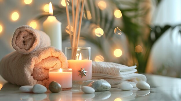 Фото Спа композиция полотенца камни тростник освежитель воздуха и горящие свечи на белом мраморном столе против б