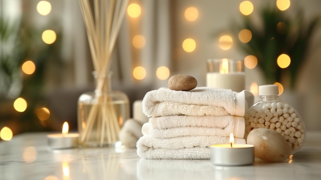 Spa composition Towels stones reed air freshener and burning candles on white marble table against b