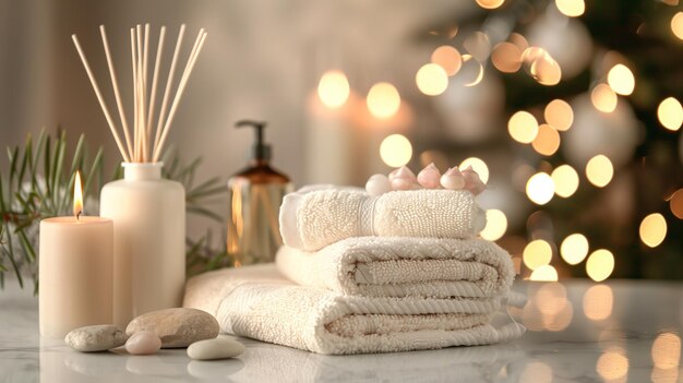 Spa composition Towels stones reed air freshener and burning candles on white marble table against b