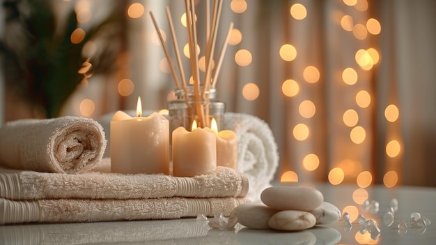Spa composition Towels stones reed air freshener and burning candles on white marble table against b