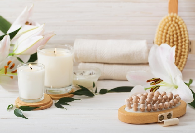 Spa composition on white wooden background