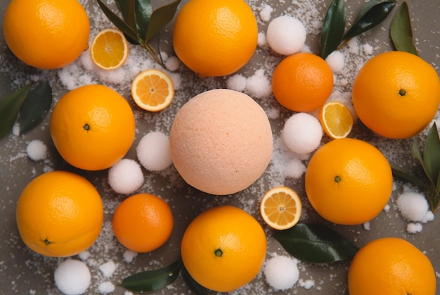 Фото Спа-композиция с бомбочками для ванны и апельсинами на льду generative ai