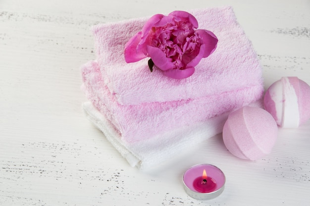 SPA composition with bath bombs and pink peony